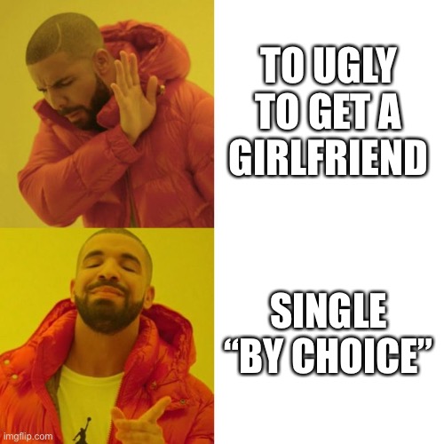 Drake Blank | TO UGLY TO GET A GIRLFRIEND; SINGLE “BY CHOICE” | image tagged in drake blank | made w/ Imgflip meme maker