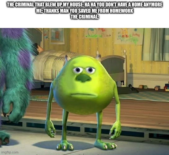 yay no more homework | THE CRIMINAL THAT BLEW UP MY HOUSE: HA HA YOU DON’T HAVE A HOME ANYMORE
ME: THANKS MAN YOU SAVED ME FROM HOMEWORK
THE CRIMINAL: | image tagged in mike wazowski bruh,homework,school | made w/ Imgflip meme maker