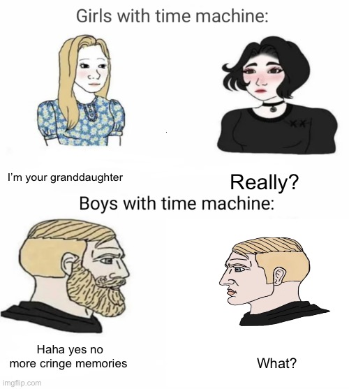 Time machine | I’m your granddaughter; Really? Haha yes no more cringe memories; What? | image tagged in time machine | made w/ Imgflip meme maker
