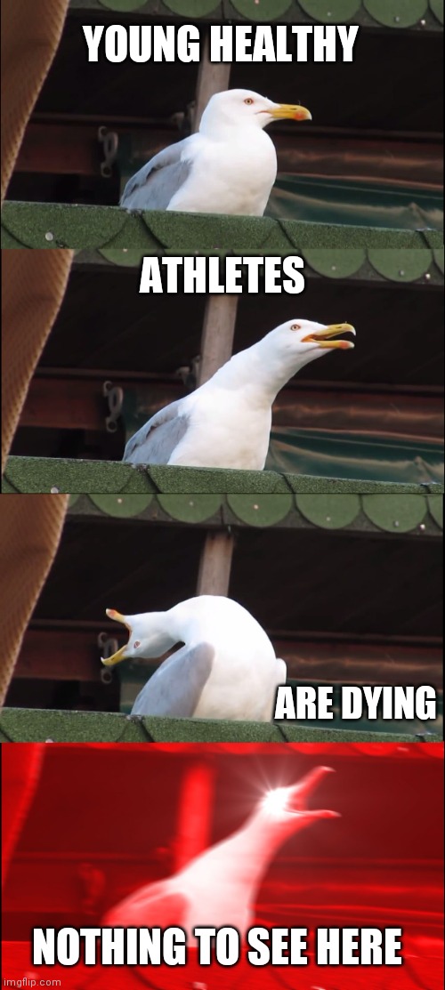 Unknown Causes. are the number one cause of death over the last two years | YOUNG HEALTHY; ATHLETES; ARE DYING; NOTHING TO SEE HERE | image tagged in memes,inhaling seagull,the walking dead | made w/ Imgflip meme maker
