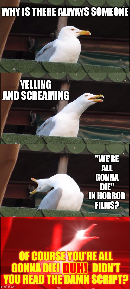 You Just Can't Help Some People | WHY IS THERE ALWAYS SOMEONE; YELLING AND SCREAMING; "WE'RE ALL GONNA DIE" IN HORROR FILMS? OF COURSE YOU'RE ALL GONNA DIE!   DUH!   DIDN'T YOU READ THE DAMN SCRIPT? DUH! | image tagged in memes,inhaling seagull,horror movie,dumbasses,horror movies,death is inevitable | made w/ Imgflip meme maker