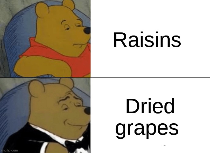 Rasins | Raisins; Dried grapes | image tagged in memes,tuxedo winnie the pooh,food,food memes | made w/ Imgflip meme maker