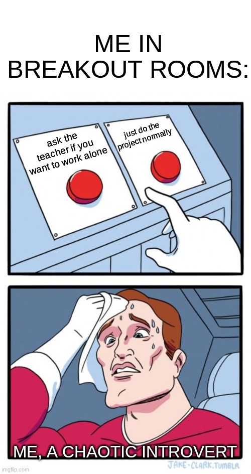 this is true for all introverts | ME IN BREAKOUT ROOMS:; just do the project normally; ask the teacher if you want to work alone; ME, A CHAOTIC INTROVERT | image tagged in memes,two buttons | made w/ Imgflip meme maker