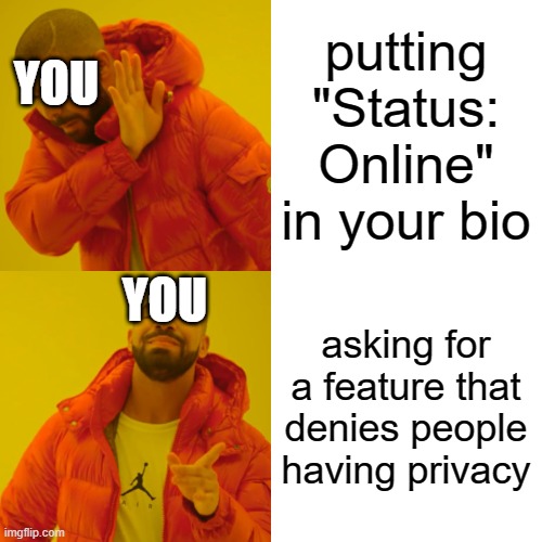 Drake Hotline Bling Meme | putting "Status: Online" in your bio asking for a feature that denies people having privacy YOU YOU | image tagged in memes,drake hotline bling | made w/ Imgflip meme maker