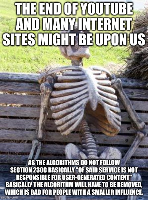 Don't believe me? there is a case called Gonzalez Vs Google LLC. | THE END OF YOUTUBE AND MANY INTERNET SITES MIGHT BE UPON US; AS THE ALGORITHMS DO NOT FOLLOW SECTION 230C BASICALLY "OF SAID SERVICE IS NOT RESPONSIBLE FOR USER-GENERATED CONTENT" BASICALLY THE ALGORITHM WILL HAVE TO BE REMOVED, WHICH IS BAD FOR PEOPLE WITH A SMALLER INFLUENCE. | image tagged in memes,waiting skeleton,this is bad this is very bad | made w/ Imgflip meme maker