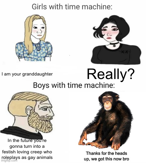 Time machine | I am your granddaughter; Really? In the future you’re gonna turn into a festish loving creep who roleplays as gay animals; Thanks for the heads up, we got this now bro | image tagged in time machine,monkey,boys vs girls,anti furry,furry | made w/ Imgflip meme maker