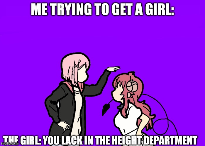 Yes, I drew over the original meme for fun. Report it if you are mean. But I was just having fun | ME TRYING TO GET A GIRL:; THE GIRL: YOU LACK IN THE HEIGHT DEPARTMENT | image tagged in anime,getting,girls | made w/ Imgflip meme maker