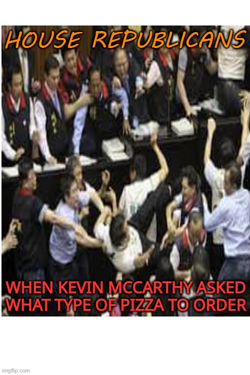 Conservatives working out differences | HOUSE REPUBLICANS; WHEN KEVIN MCCARTHY ASKED WHAT TYPE OF PIZZA TO ORDER | image tagged in conservatives,pizza,maga,funny memes,republicans | made w/ Imgflip meme maker