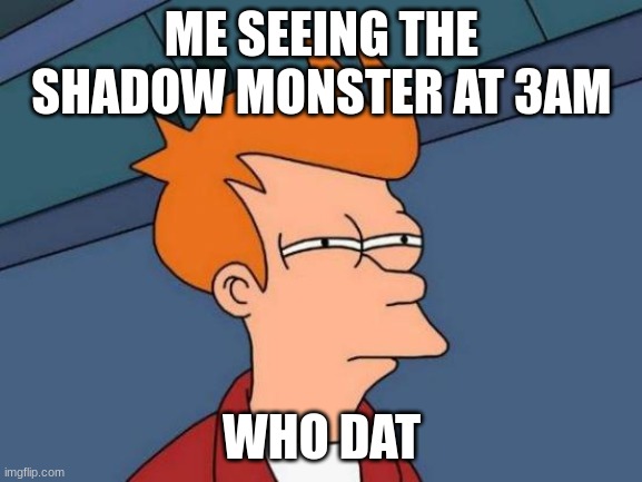 Futurama Fry | ME SEEING THE SHADOW MONSTER AT 3 AM; WHO DAT | image tagged in memes,futurama fry | made w/ Imgflip meme maker
