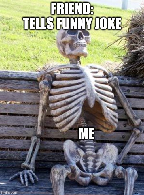 Waiting Skeleton Meme | FRIEND: TELLS FUNNY JOKE; ME | image tagged in memes,waiting skeleton | made w/ Imgflip meme maker