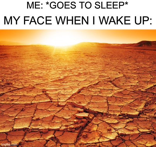 Everytime my face is dry as heck |  ME: *GOES TO SLEEP*; MY FACE WHEN I WAKE UP: | image tagged in memes,funny,funny memes,waking up,morning | made w/ Imgflip meme maker