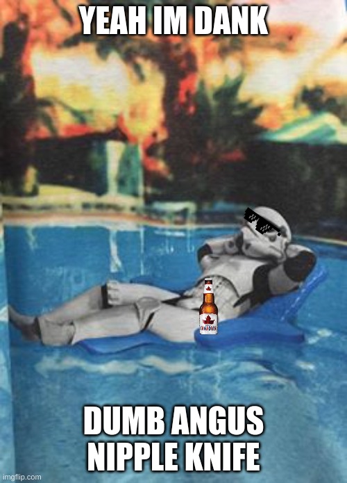 Stormtrooper relax pool | YEAH IM DANK; DUMB ANGUS NIPPLE KNIFE | image tagged in stormtrooper relax pool | made w/ Imgflip meme maker