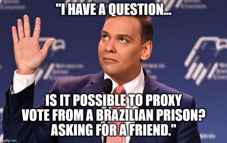 Had admitted to police that he wrote $700 worth of checks from a stolen check book. | "I HAVE A QUESTION... IS IT POSSIBLE TO PROXY VOTE FROM A BRAZILIAN PRISON?
ASKING FOR A FRIEND." | image tagged in george santos,gop party of criminals,lyin george santos | made w/ Imgflip meme maker