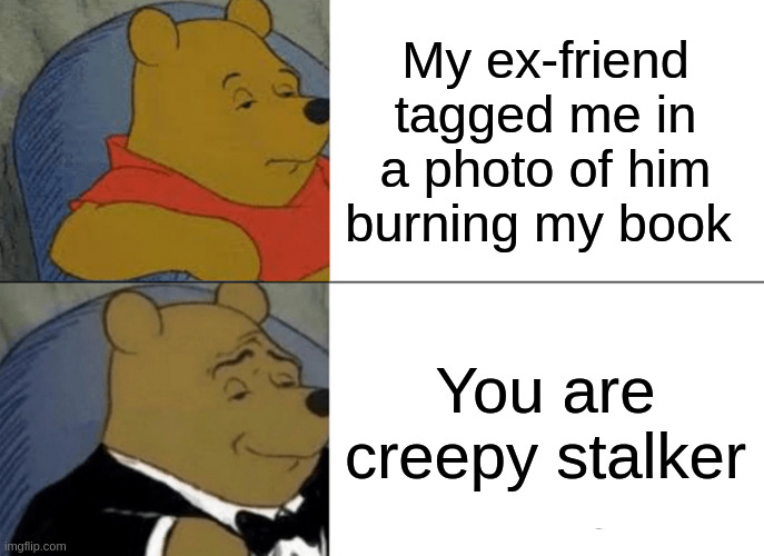 creepy | My ex-friend tagged me in a photo of him burning my book; You are creepy stalker | image tagged in memes,tuxedo winnie the pooh | made w/ Imgflip meme maker