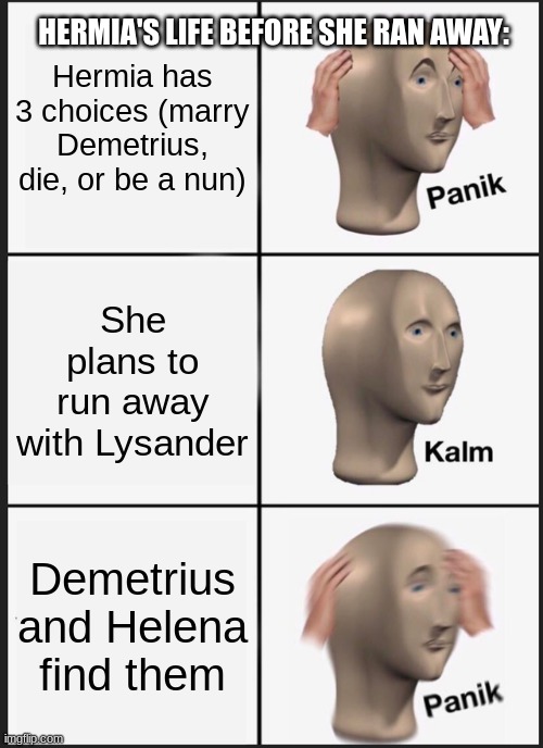 I am doing this for school :( | HERMIA'S LIFE BEFORE SHE RAN AWAY:; Hermia has 3 choices (marry Demetrius, die, or be a nun); She plans to run away with Lysander; Demetrius and Helena find them | image tagged in memes,panik kalm panik | made w/ Imgflip meme maker