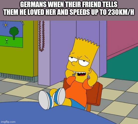 It's the normal speed | GERMANS WHEN THEIR FRIEND TELLS THEM HE LOVED HER AND SPEEDS UP TO 230KM/H | image tagged in bart relaxing | made w/ Imgflip meme maker