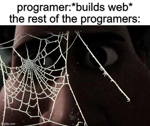 *shoots web* | programer:*builds web*
the rest of the programers: | image tagged in titan stare,memes | made w/ Imgflip meme maker