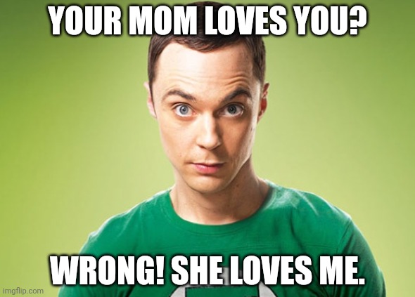 Shitpost | YOUR MOM LOVES YOU? WRONG! SHE LOVES ME. | image tagged in sheldon cooper | made w/ Imgflip meme maker