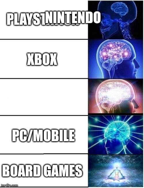 Board games are W |  PLAYSTATION; NINTENDO; XBOX; PC/MOBILE; BOARD GAMES | image tagged in expanding brain 5 panel | made w/ Imgflip meme maker