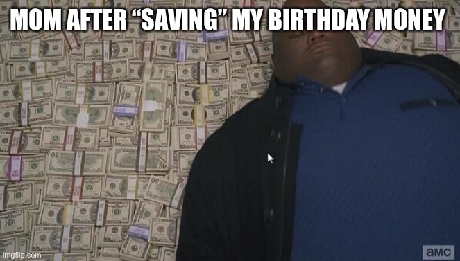 fat rich man laying down on money | MOM AFTER “SAVING” MY BIRTHDAY MONEY | image tagged in fat rich man laying down on money,memes,gifs,funny | made w/ Imgflip meme maker