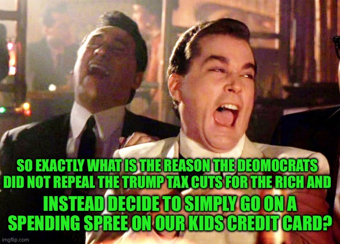 Good Fellas Hilarious Meme | SO EXACTLY WHAT IS THE REASON THE DEOMOCRATS DID NOT REPEAL THE TRUMP TAX CUTS FOR THE RICH AND INSTEAD DECIDE TO SIMPLY GO ON A SPENDING SP | image tagged in memes,good fellas hilarious | made w/ Imgflip meme maker