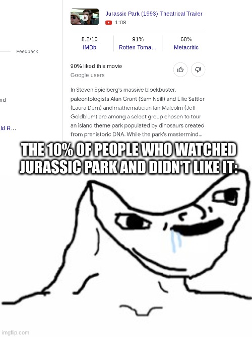 Those people need mental help | THE 10% OF PEOPLE WHO WATCHED JURASSIC PARK AND DIDN'T LIKE IT: | image tagged in drooling brainless idiot,jurassic park | made w/ Imgflip meme maker