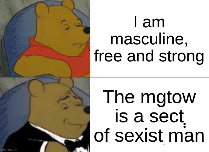 sexist | I am masculine, free and strong; The mgtow is a sec݄t of sexist man | image tagged in memes,tuxedo winnie the pooh | made w/ Imgflip meme maker