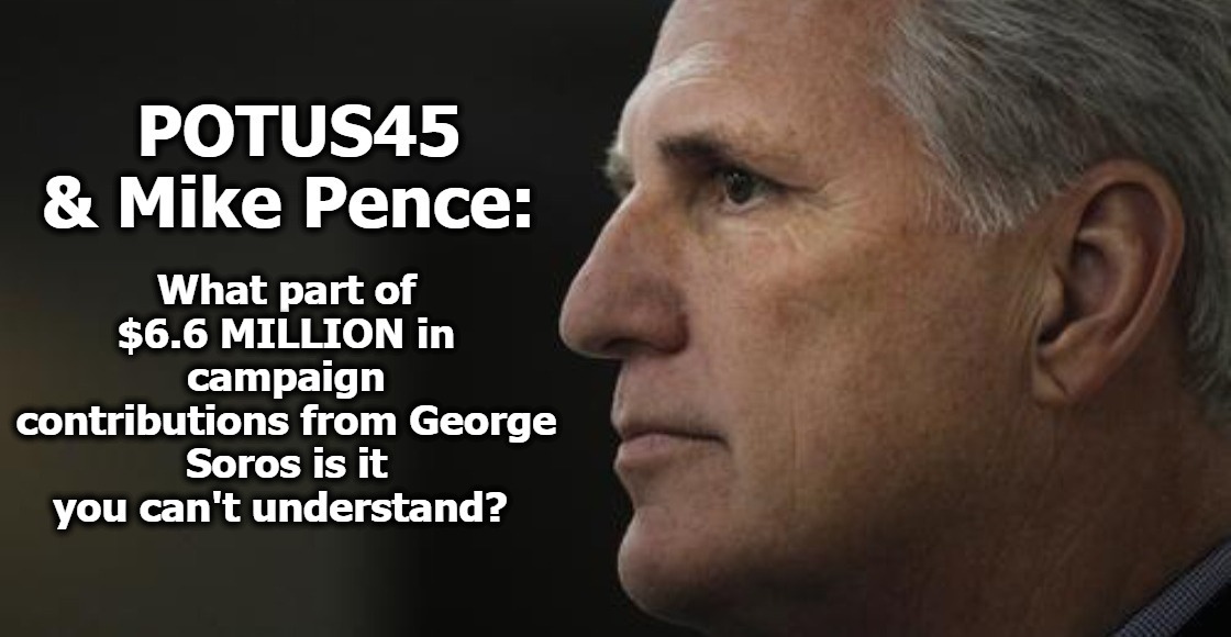 What part of $6.6 MILLION in campaign contributions from George Soros is it you can't understand? | image tagged in potus45,mike pence,rino mike pence,george soros,campaign contributions,rino kevin mccarthy | made w/ Imgflip meme maker