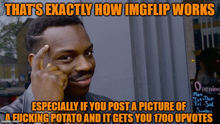 Roll Safe Think About It Meme | THAT'S EXACTLY HOW IMGFLIP WORKS ESPECIALLY IF YOU POST A PICTURE OF A FUCKING POTATO AND IT GETS YOU 1700 UPVOTES | image tagged in memes,roll safe think about it | made w/ Imgflip meme maker