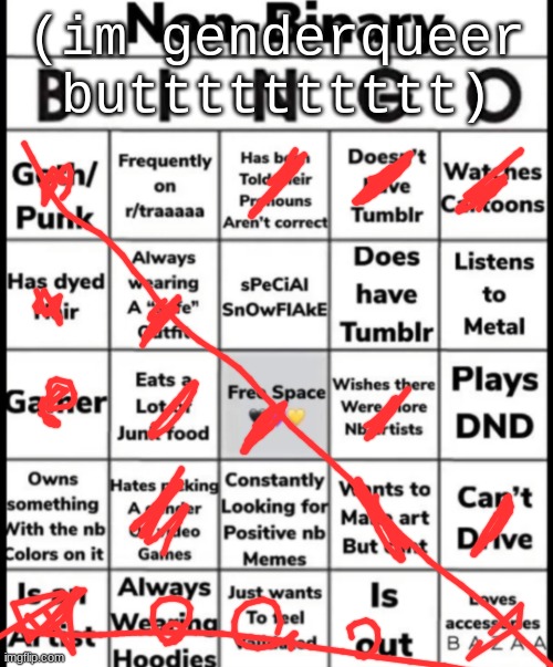 sorry i havent posted in a while! | (im genderqueer butttttttttt) | image tagged in non-binary bingo | made w/ Imgflip meme maker