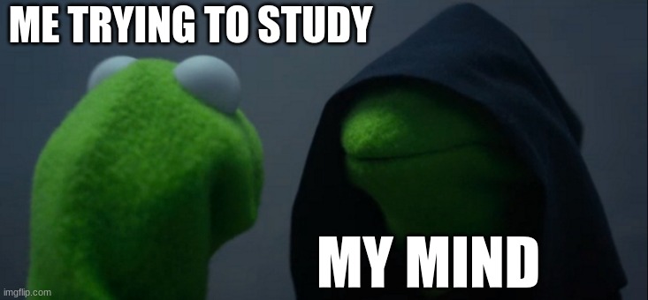 Evil Kermit Meme | ME TRYING TO STUDY; MY MIND | image tagged in memes,evil kermit | made w/ Imgflip meme maker