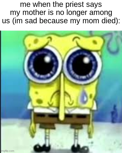spunch bop sad | me when the priest says my mother is no longer among us (im sad because my mom died): | image tagged in spunch bop sad | made w/ Imgflip meme maker
