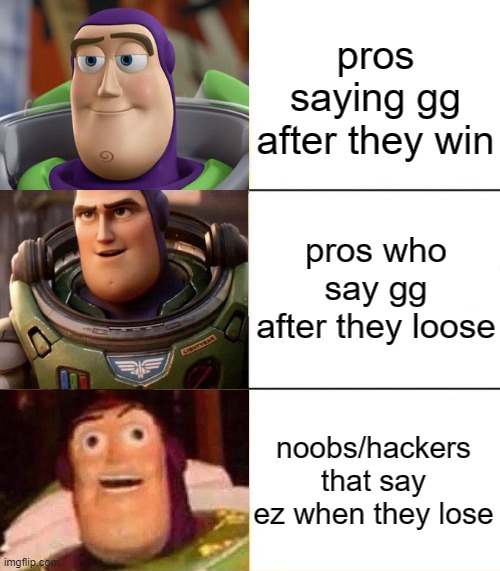so true | pros saying gg after they win; pros who say gg after they loose; noobs/hackers that say ez when they lose | image tagged in better best blurst lightyear edition | made w/ Imgflip meme maker