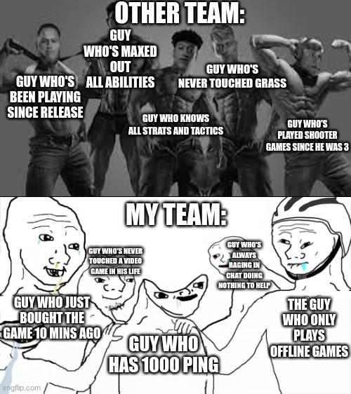 relatable? | OTHER TEAM:; GUY WHO'S MAXED OUT ALL ABILITIES; GUY WHO'S NEVER TOUCHED GRASS; GUY WHO'S BEEN PLAYING SINCE RELEASE; GUY WHO KNOWS ALL STRATS AND TACTICS; GUY WHO'S PLAYED SHOOTER GAMES SINCE HE WAS 3; MY TEAM:; GUY WHO'S ALWAYS RAGING IN CHAT DOING NOTHING TO HELP; GUY WHO'S NEVER TOUCHED A VIDEO GAME IN HIS LIFE; GUY WHO JUST BOUGHT THE GAME 10 MINS AGO; THE GUY WHO ONLY PLAYS OFFLINE GAMES; GUY WHO HAS 1000 PING | image tagged in gaming,dumb,relatable | made w/ Imgflip meme maker
