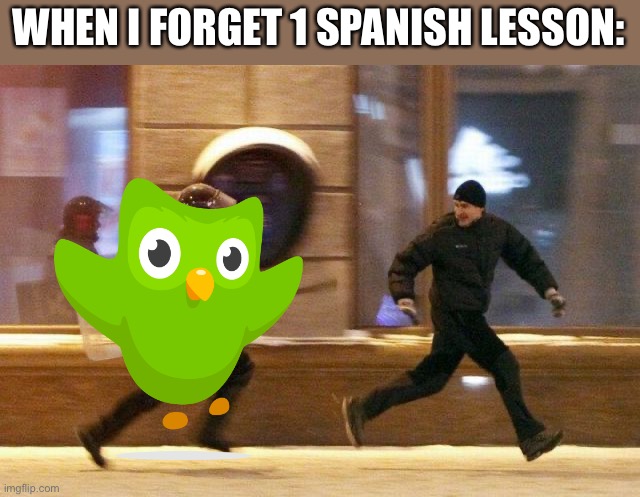 He is After me, Isn’t he? |  WHEN I FORGET 1 SPANISH LESSON: | image tagged in police chasing guy,duolingo,memes,funny,spanish,duolingo bird | made w/ Imgflip meme maker