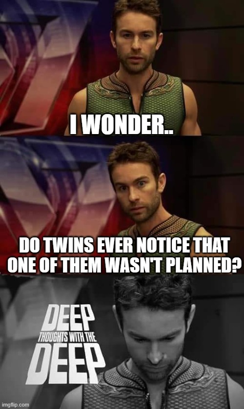 shower thoughts #4 |  I WONDER.. DO TWINS EVER NOTICE THAT ONE OF THEM WASN'T PLANNED? | image tagged in deep thoughts with the deep,deep thoughts,memes,shower thoughts | made w/ Imgflip meme maker