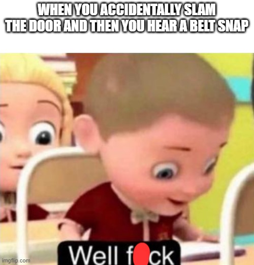 Well frick | WHEN YOU ACCIDENTALLY SLAM THE DOOR AND THEN YOU HEAR A BELT SNAP | image tagged in well frick | made w/ Imgflip meme maker