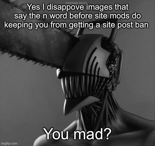 Chainsaw man chad | Yes I disappove images that say the n word before site mods do keeping you from getting a site post ban; You mad? | image tagged in chainsaw man chad | made w/ Imgflip meme maker