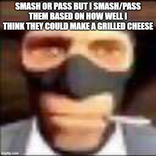 spi | SMASH OR PASS BUT I SMASH/PASS THEM BASED ON HOW WELL I THINK THEY COULD MAKE A GRILLED CHEESE | image tagged in spi | made w/ Imgflip meme maker