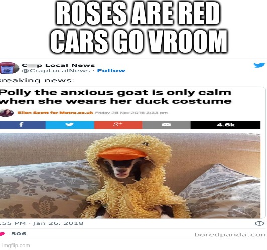 ... | ROSES ARE RED; CARS GO VROOM | image tagged in goat | made w/ Imgflip meme maker