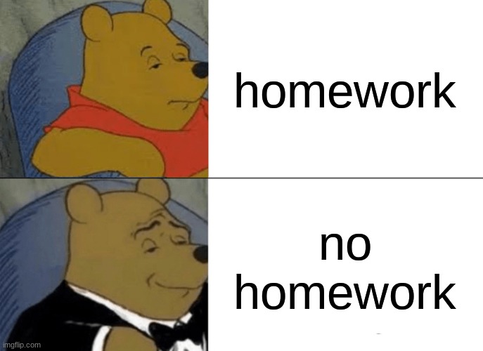 Tuxedo Winnie The Pooh Meme | homework; no homework | image tagged in memes,tuxedo winnie the pooh | made w/ Imgflip meme maker