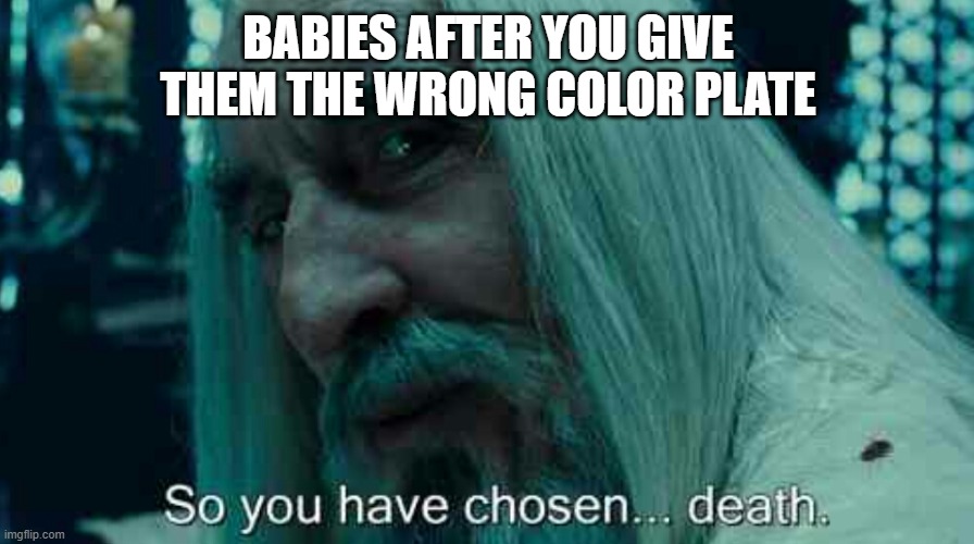 So you have chosen death | BABIES AFTER YOU GIVE THEM THE WRONG COLOR PLATE | image tagged in so you have chosen death | made w/ Imgflip meme maker