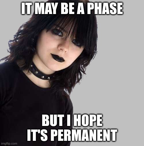 I'm not goth or emo, I'm actually Ghostface | IT MAY BE A PHASE; BUT I HOPE IT'S PERMANENT | image tagged in goth girl 500x510 mid gray background,2014 | made w/ Imgflip meme maker