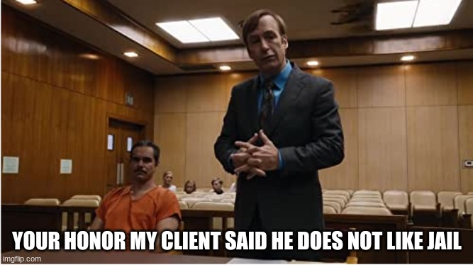 i think he won the court case | YOUR HONOR MY CLIENT SAID HE DOES NOT LIKE JAIL | image tagged in fun,funny,meme,saul goodman,idk what to put here | made w/ Imgflip meme maker