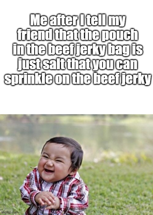 Me after I tell my friend that the pouch in the beef jerky bag is just salt that you can sprinkle on the beef jerky | image tagged in memes,evil toddler | made w/ Imgflip meme maker