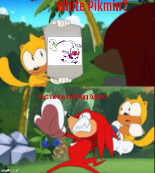 Oh my God! | White Pikmin? Yeet the Ray the Flying Squirrel | image tagged in knuckles throws ray,sonic the hedgehog,sonic mania,pikmin,nintendo,sega | made w/ Imgflip meme maker