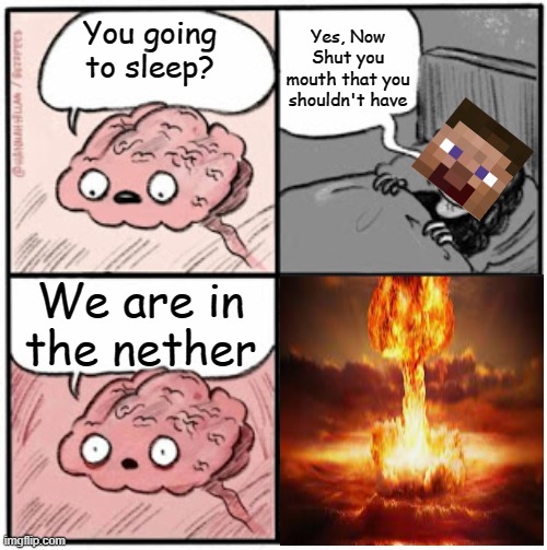 This could work with a Creeper sound too. (I am aware of the spelling mistake) | Yes, Now Shut you mouth that you shouldn't have; You going to sleep? We are in the nether | image tagged in brain before sleep | made w/ Imgflip meme maker
