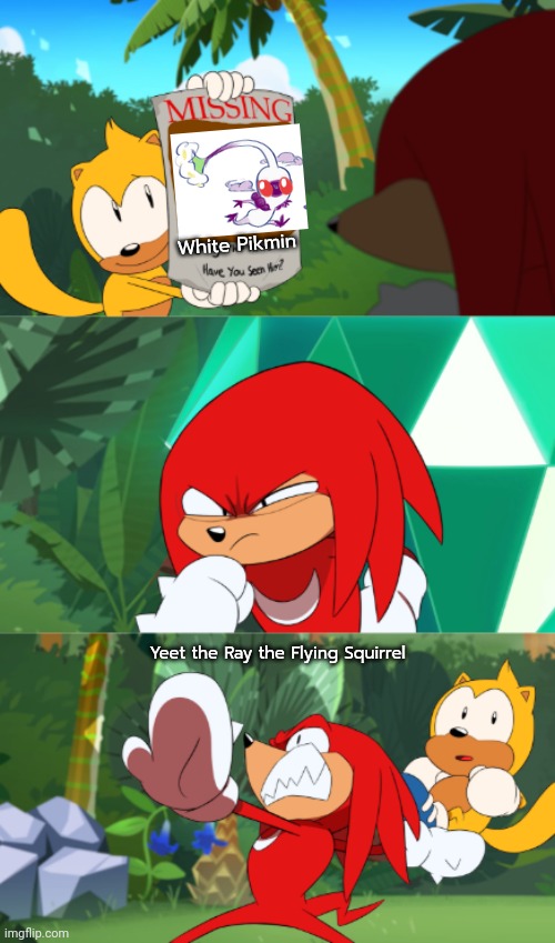 White Pikmin this?? | White Pikmin; Yeet the Ray the Flying Squirrel | image tagged in knuckles throwing something,sonic the hedgehog,sonic mania,pikmin,nintendo,sega | made w/ Imgflip meme maker