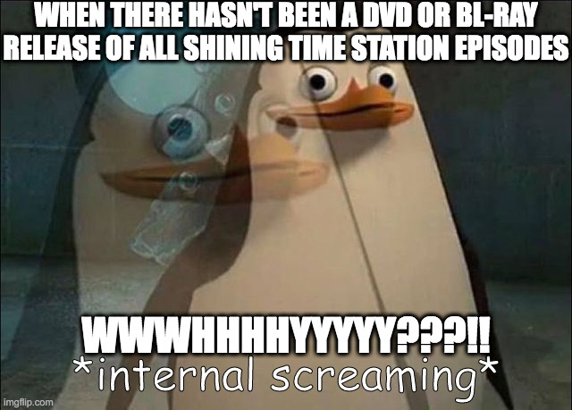 Private Internal Screaming | WHEN THERE HASN'T BEEN A DVD OR BL-RAY RELEASE OF ALL SHINING TIME STATION EPISODES; WWWHHHHYYYYY???!! | image tagged in private internal screaming | made w/ Imgflip meme maker