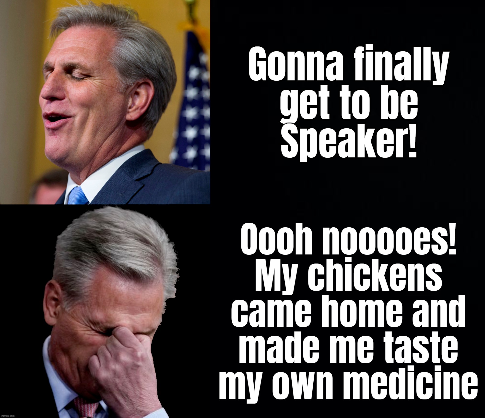 what comes around goes around... | Gonna finally
get to be
Speaker! Oooh nooooes!
My chickens
came home and
made me taste
my own medicine | image tagged in black background,look at all those chickens,bad taste,medicine,reaper | made w/ Imgflip meme maker